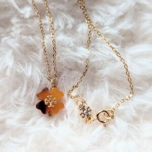 TORY BURCH Tortoise Resin Double T Clover Gold Chain Necklace